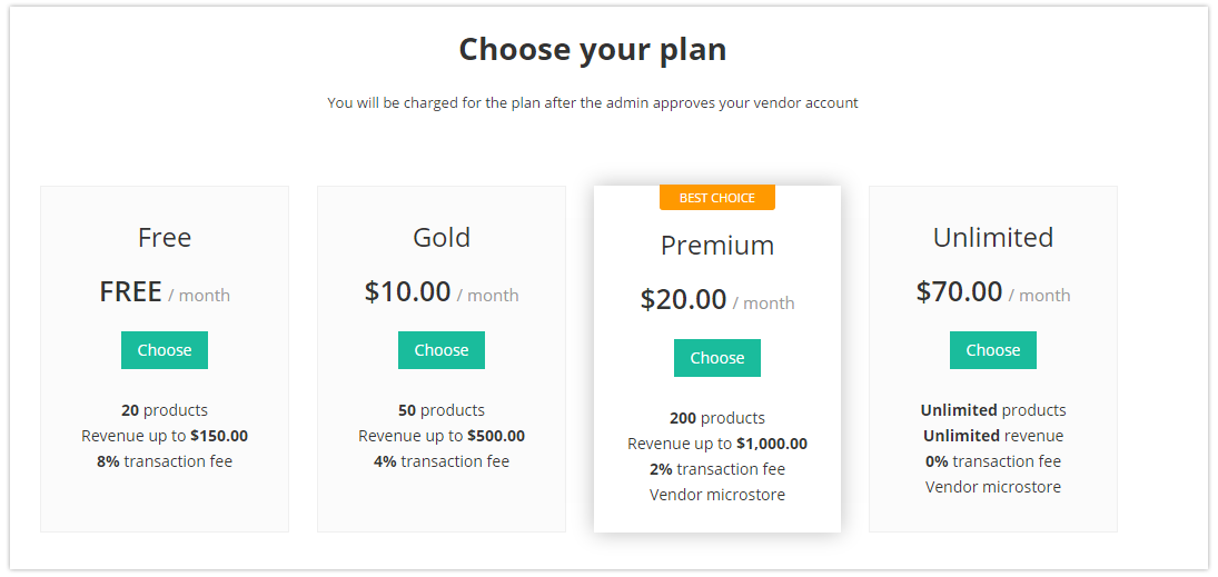 Vendor subscription plans